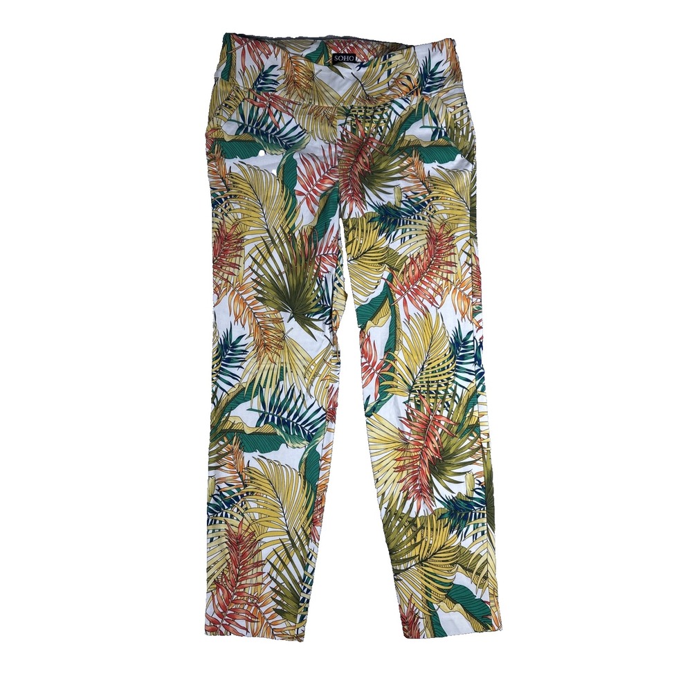 Soho Apparel Womens Pants Ankle Tropical Stretch Tapered Pull On Large Resort